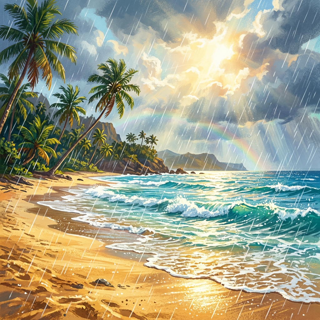 lluvia — rain on a sunny beach